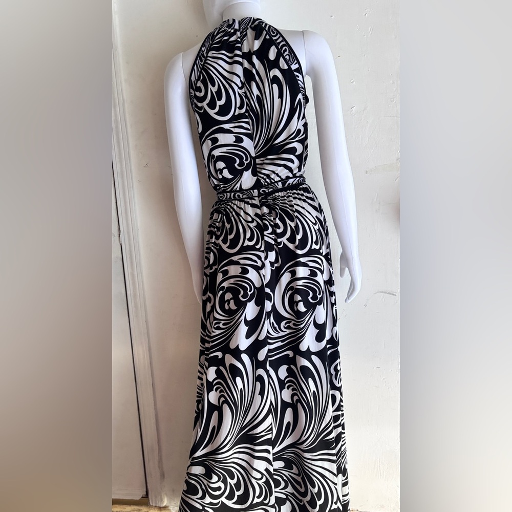 Michael Michael Kors Maxi Dress S Black White Abstract Halter Side Slit Zip Back - Picture 2 of 2